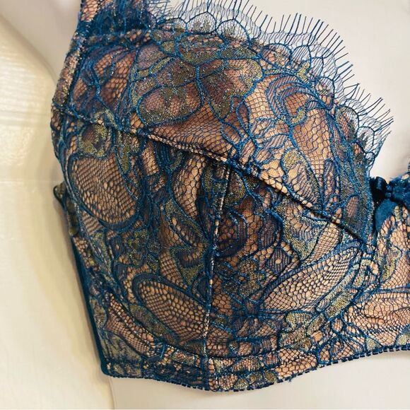 Fredrick’s Of Hollywood Voluptuous‎ Bra Padded Push Up 34DD Teal Shine Lace NEW - Picture 2 of 12